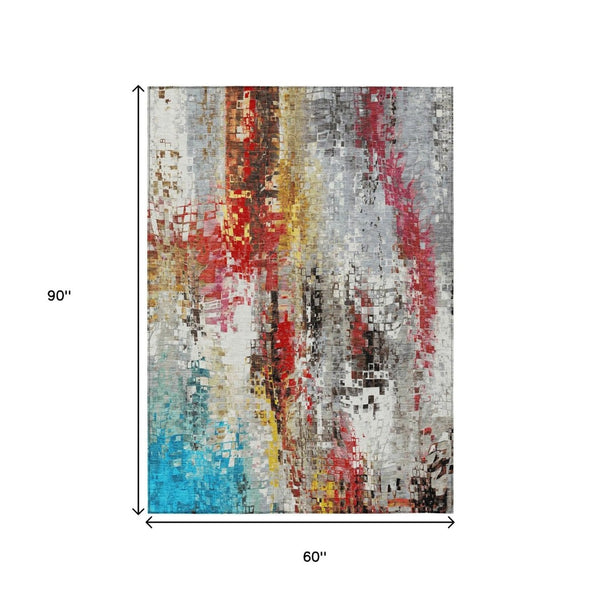 HomeRoots 5' X 8' Vibrant Abstract Washable Area Rug - Modern Silver, Red, Teal, and Blue for Indoor/Outdoor Use 640587
