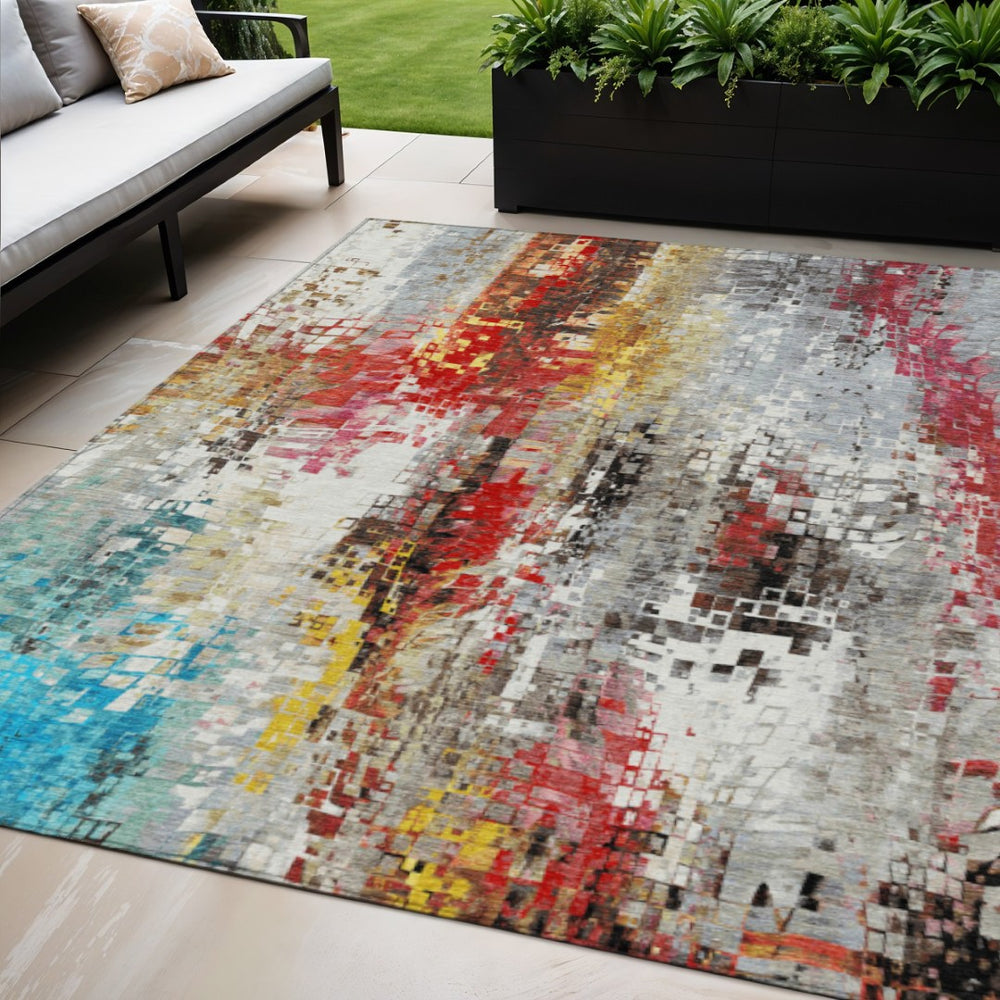 HomeRoots 5' X 8' Vibrant Abstract Washable Area Rug - Modern Silver, Red, Teal, and Blue for Indoor/Outdoor Use 640587