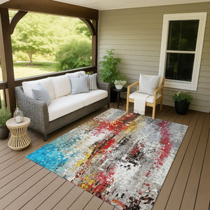 HomeRoots 5' X 8' Vibrant Abstract Washable Area Rug - Modern Silver, Red, Teal, and Blue for Indoor/Outdoor Use 640587