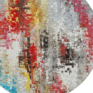 HomeRoots 8' Modern Abstract Round Area Rug in Silver, Red, Teal Blue & Ivory - Washable for Indoor/Outdoor Use 640588