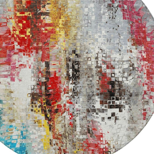HomeRoots 8' Modern Abstract Round Area Rug in Silver, Red, Teal Blue & Ivory - Washable for Indoor/Outdoor Use 640588