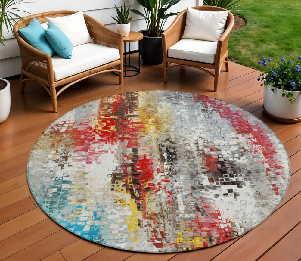 HomeRoots 8' Modern Abstract Round Area Rug in Silver, Red, Teal Blue & Ivory - Washable for Indoor/Outdoor Use 640588