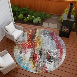 HomeRoots 8' Modern Abstract Round Area Rug in Silver, Red, Teal Blue & Ivory - Washable for Indoor/Outdoor Use 640588