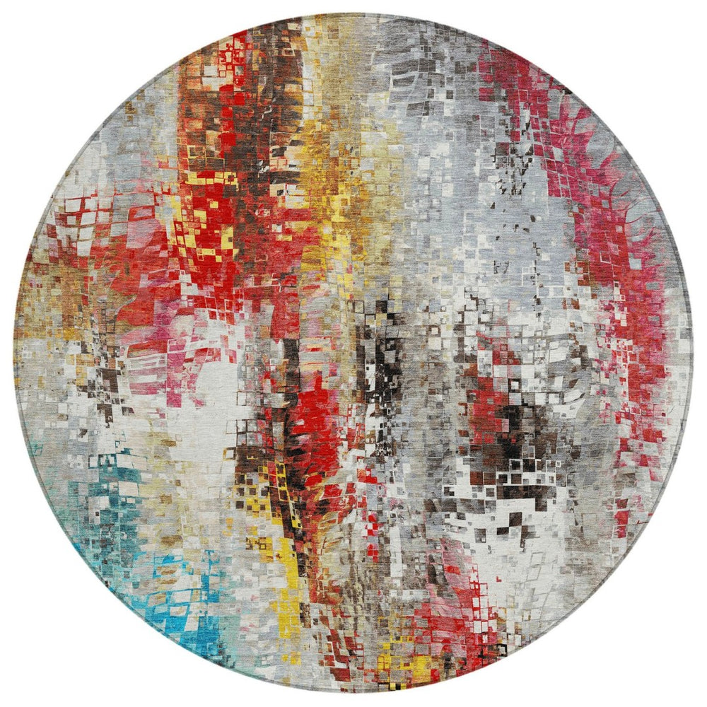 HomeRoots 8' Modern Abstract Round Area Rug in Silver, Red, Teal Blue & Ivory - Washable for Indoor/Outdoor Use 640588