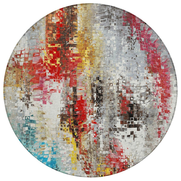 HomeRoots 8' Modern Abstract Round Area Rug in Silver, Red, Teal Blue & Ivory - Washable for Indoor/Outdoor Use 640588