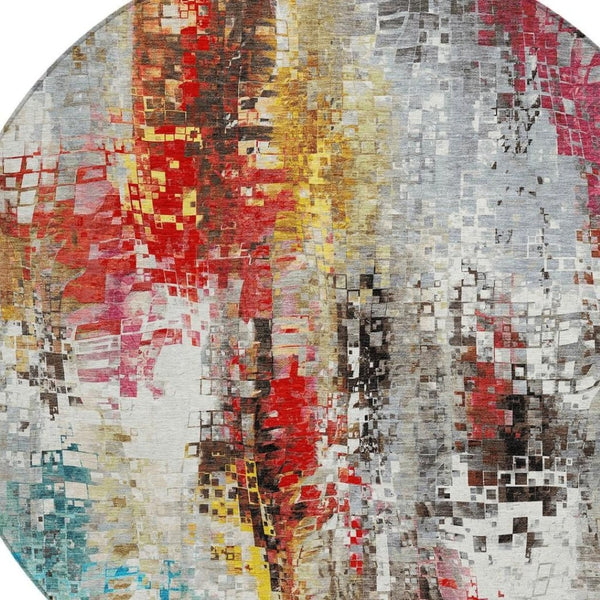 HomeRoots 8' Modern Abstract Round Area Rug in Silver, Red, Teal Blue & Ivory - Washable for Indoor/Outdoor Use 640588