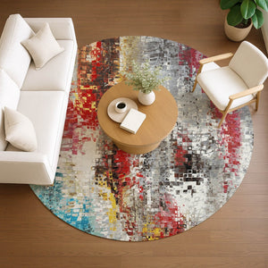 HomeRoots 8' Modern Abstract Round Area Rug in Silver, Red, Teal Blue & Ivory - Washable for Indoor/Outdoor Use 640588
