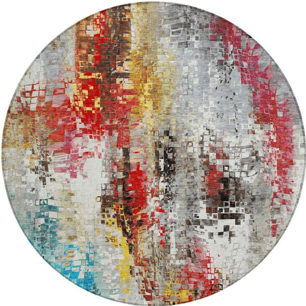 HomeRoots 8' Modern Abstract Round Area Rug in Silver, Red, Teal Blue & Ivory - Washable for Indoor/Outdoor Use 640588