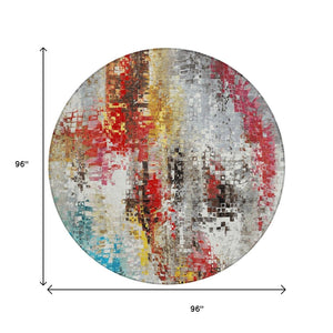 HomeRoots 8' Modern Abstract Round Area Rug in Silver, Red, Teal Blue & Ivory - Washable for Indoor/Outdoor Use 640588