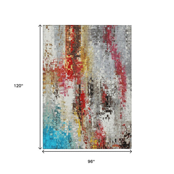 HomeRoots 8' X 10' Abstract Washable Area Rug in Silver, Red, Teal Blue & Ivory – Indoor/Outdoor Durable Style 640589