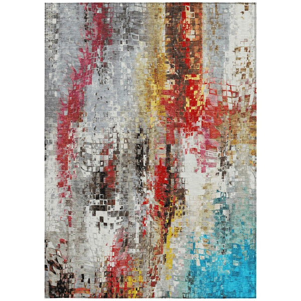 HomeRoots 8' X 10' Abstract Washable Area Rug in Silver, Red, Teal Blue & Ivory – Indoor/Outdoor Durable Style 640589