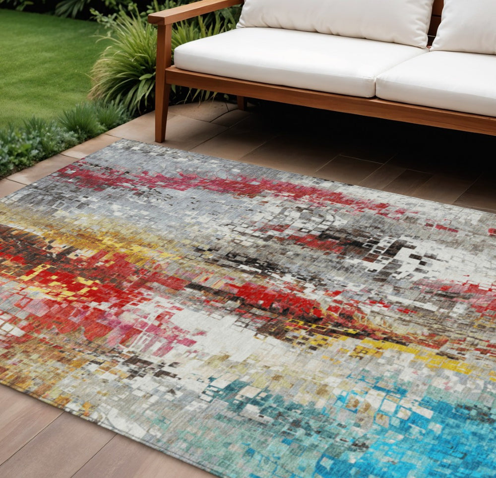 HomeRoots 8' X 10' Abstract Washable Area Rug in Silver, Red, Teal Blue & Ivory – Indoor/Outdoor Durable Style 640589