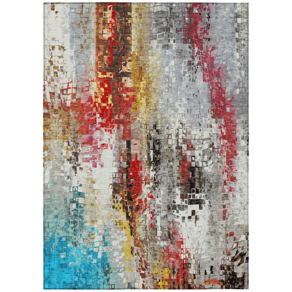 HomeRoots 8' X 10' Abstract Washable Area Rug in Silver, Red, Teal Blue & Ivory – Indoor/Outdoor Durable Style 640589