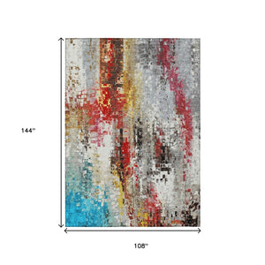 HomeRoots 9' X 12' Abstract Washable Area Rug in Silver, Red, Teal Blue & Ivory – Durable Indoor/Outdoor Design! 640590