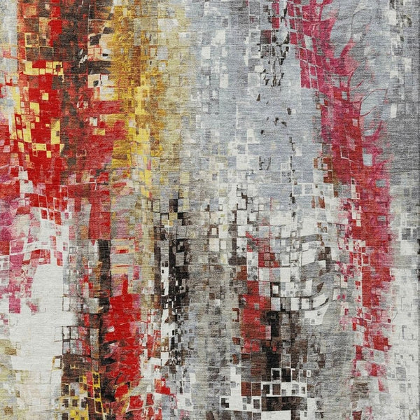 HomeRoots 9' X 12' Abstract Washable Area Rug in Silver, Red, Teal Blue & Ivory – Durable Indoor/Outdoor Design! 640590
