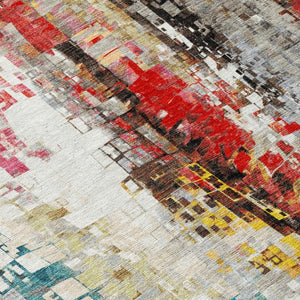 HomeRoots 9' X 12' Abstract Washable Area Rug in Silver, Red, Teal Blue & Ivory – Durable Indoor/Outdoor Design! 640590