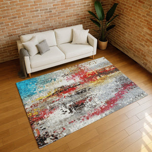 HomeRoots 9' X 12' Abstract Washable Area Rug in Silver, Red, Teal Blue & Ivory – Durable Indoor/Outdoor Design! 640590