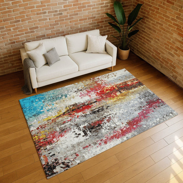 HomeRoots 9' X 12' Abstract Washable Area Rug in Silver, Red, Teal Blue & Ivory – Durable Indoor/Outdoor Design! 640590