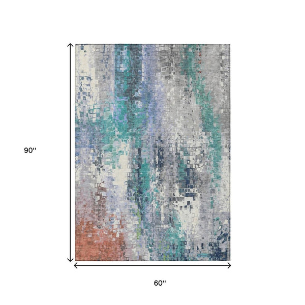 HomeRoots 5' Teal and Copper Abstract Area Rug - Durable, Washable, Modern Design for Indoor & Outdoor Use! 640593