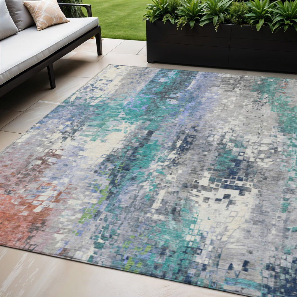 HomeRoots 5' Teal and Copper Abstract Area Rug - Durable, Washable, Modern Design for Indoor & Outdoor Use! 640593