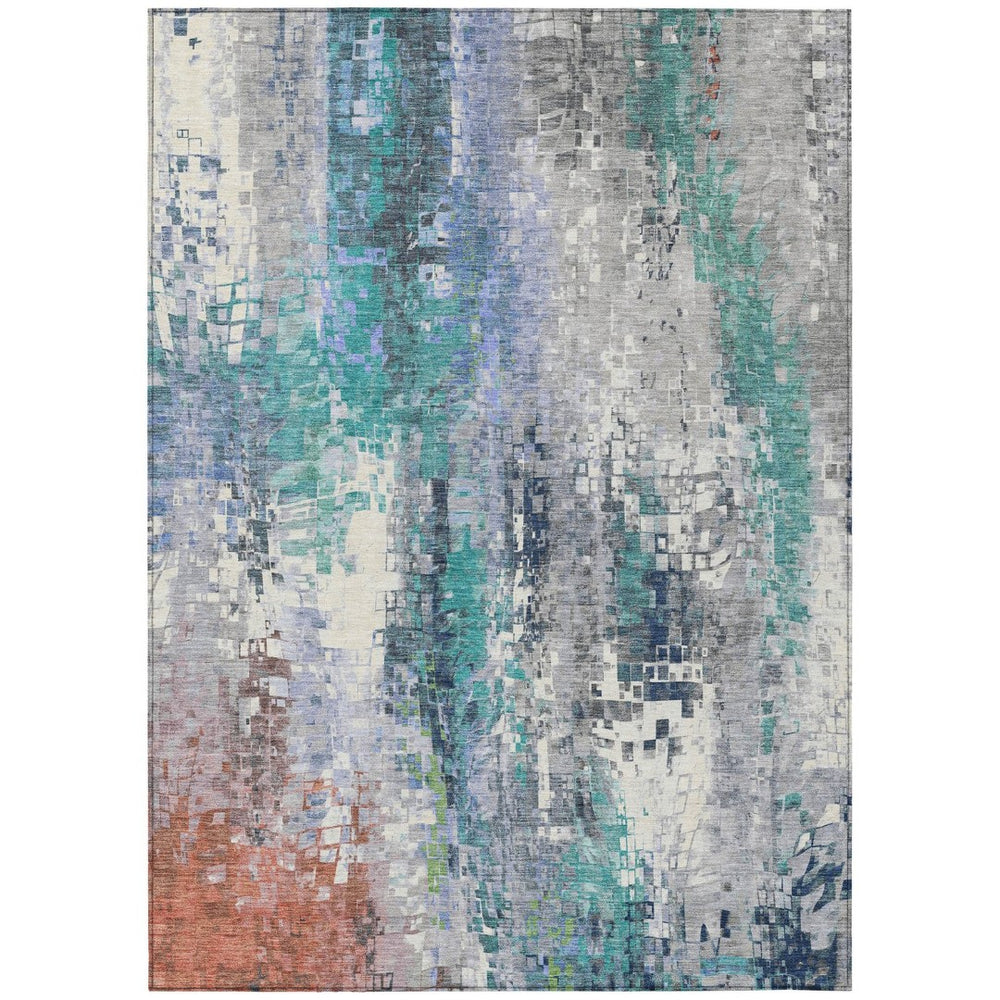 HomeRoots 5' Teal and Copper Abstract Area Rug - Durable, Washable, Modern Design for Indoor & Outdoor Use! 640593