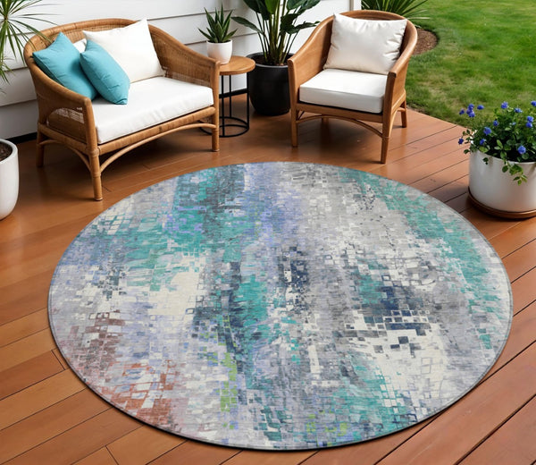 HomeRoots 8' Teal Blue Abstract Round Area Rug - Washable, Stylish & Durable for Indoor/Outdoor Spaces 640594