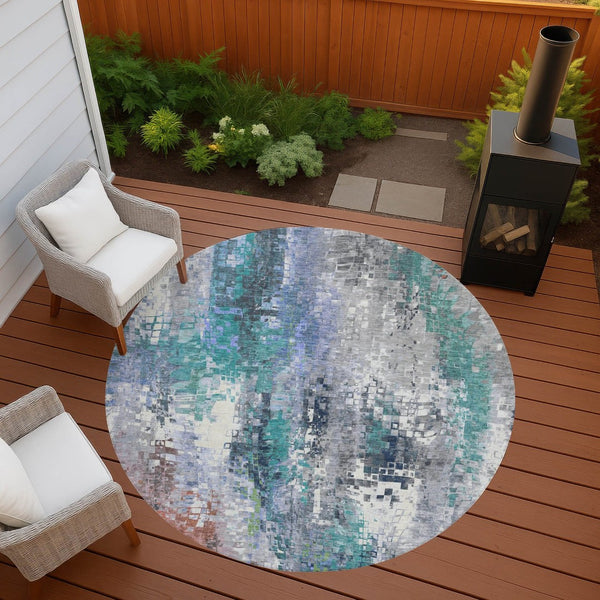 HomeRoots 8' Teal Blue Abstract Round Area Rug - Washable, Stylish & Durable for Indoor/Outdoor Spaces 640594