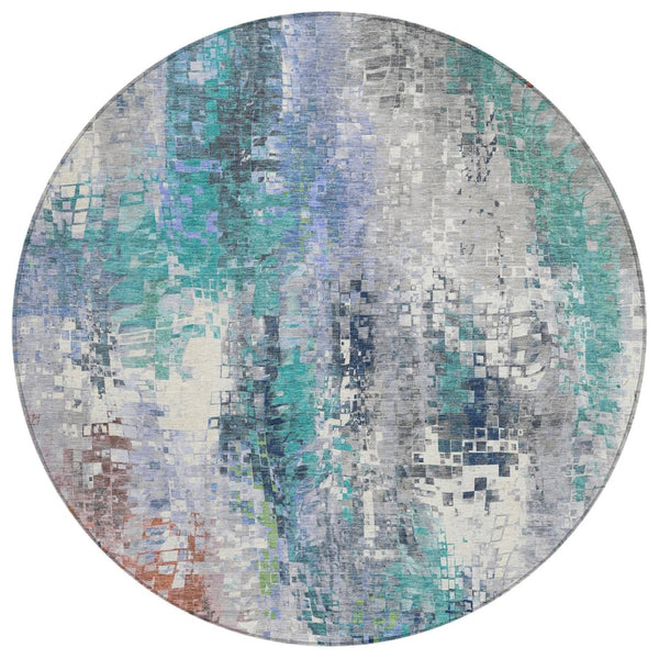HomeRoots 8' Teal Blue Abstract Round Area Rug - Washable, Stylish & Durable for Indoor/Outdoor Spaces 640594