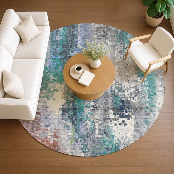 HomeRoots 8' Teal Blue Abstract Round Area Rug - Washable, Stylish & Durable for Indoor/Outdoor Spaces 640594
