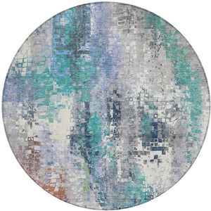 HomeRoots 8' Teal Blue Abstract Round Area Rug - Washable, Stylish & Durable for Indoor/Outdoor Spaces 640594