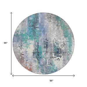 HomeRoots 8' Teal Blue Abstract Round Area Rug - Washable, Stylish & Durable for Indoor/Outdoor Spaces 640594