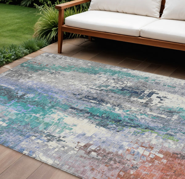 HomeRoots 9' X 12' Teal Blue Abstract Area Rug - Stylish, Washable, Indoor/Outdoor, Durable for High-Traffic Spaces 640596