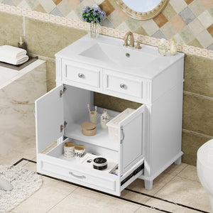 English Elm 30'' Bathroom Vanity with Sink - Retro Solid Wood Frame, Ceramic Basin, Soft-Close Doors & Ample Storage White N710P190656K