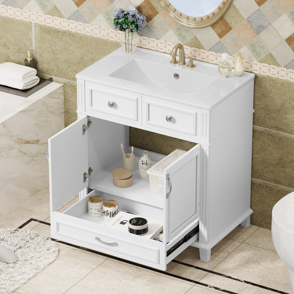 English Elm 30'' Bathroom Vanity with Sink - Retro Solid Wood Frame, Ceramic Basin, Soft-Close Doors & Ample Storage White N710P190656K