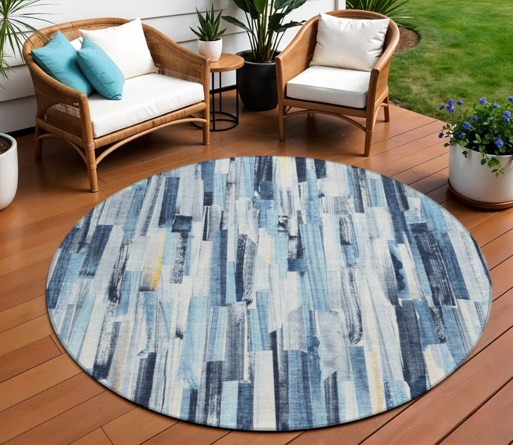 HomeRoots 8' Denim Blue Striped Area Rug - Washable, Durable, Indoor/Outdoor Versatility for Modern Spaces 640600