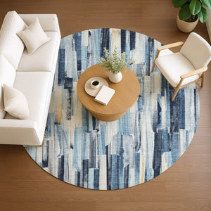HomeRoots 8' Denim Blue Striped Area Rug - Washable, Durable, Indoor/Outdoor Versatility for Modern Spaces 640600