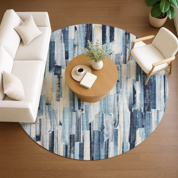 HomeRoots 8' Denim Blue Striped Area Rug - Washable, Durable, Indoor/Outdoor Versatility for Modern Spaces 640600