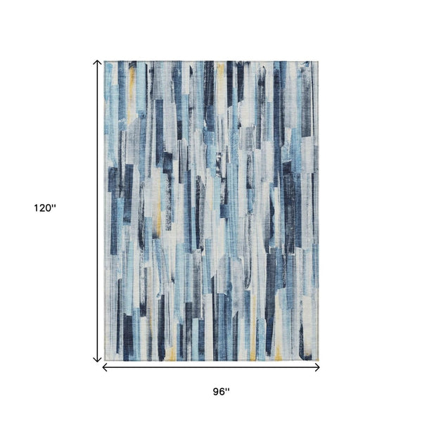 HomeRoots 8' X 10' Denim Blue and Ivory Striped Washable Area Rug - Durable, Stylish for Indoor & Outdoor Spaces 640601