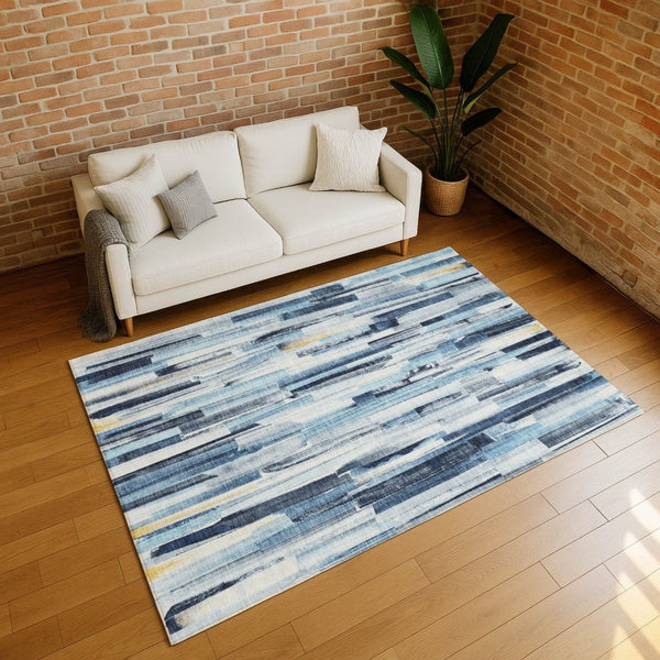HomeRoots 8' X 10' Denim Blue and Ivory Striped Washable Area Rug - Durable, Stylish for Indoor & Outdoor Spaces 640601