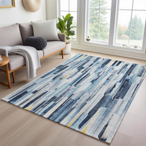 HomeRoots 9' X 12' Denim Blue and Ivory Striped Rug – Stylish, Washable Indoor/Outdoor Charm for Any Space 640602