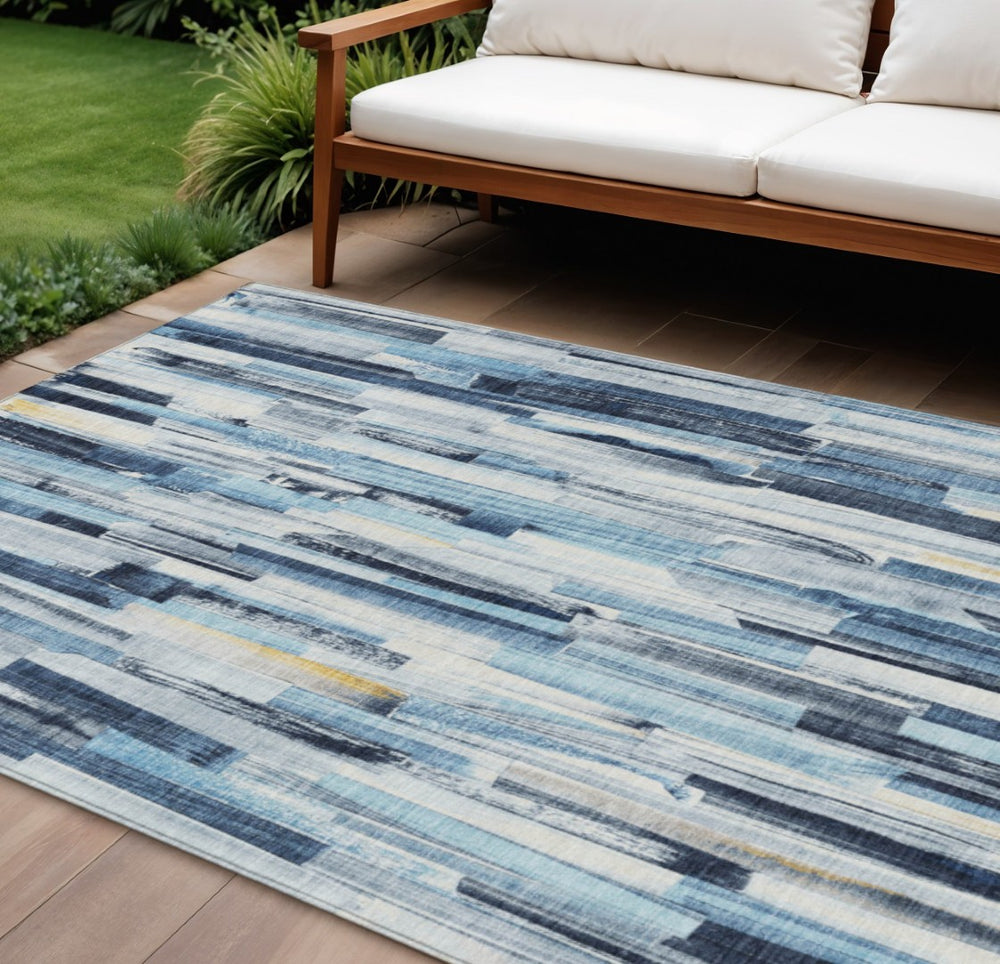HomeRoots 10' Denim Blue & Ivory Striped Area Rug - Washable, Durable, Stain-Resistant for Indoor & Outdoor Use 640603