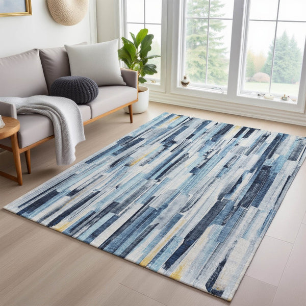 HomeRoots 10' Denim Blue & Ivory Striped Area Rug - Washable, Durable, Stain-Resistant for Indoor & Outdoor Use 640603