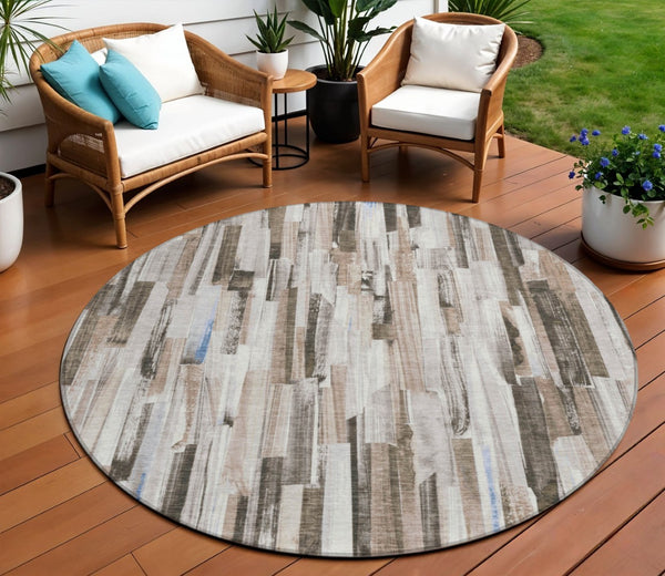 HomeRoots 8' Stylish Khaki and Ivory Striped Washable Area Rug - Ideal for Indoor & Outdoor High Traffic Spaces 640606