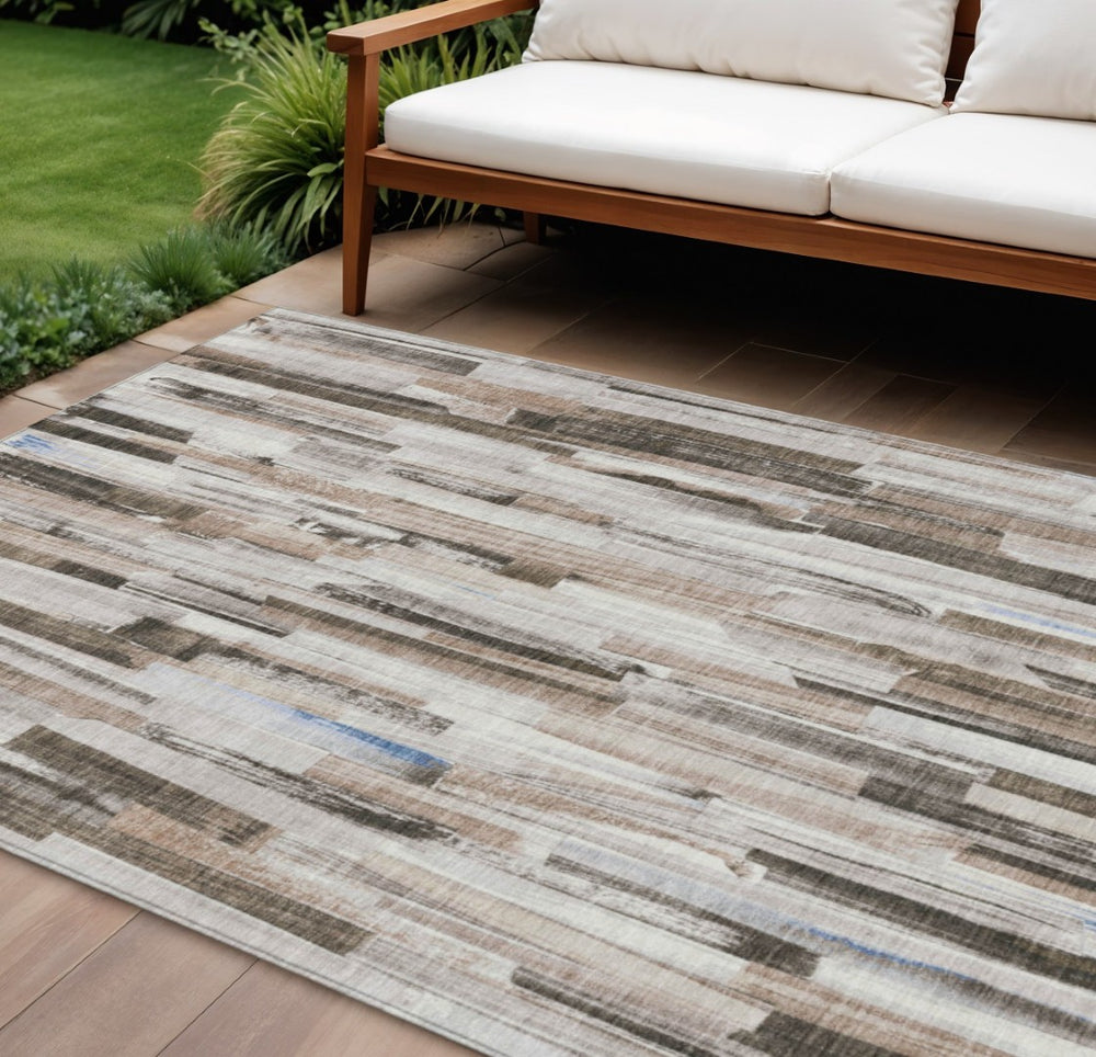 HomeRoots 9' X 12' Striped Khaki and Ivory Washable Area Rug - Durable, Stylish, Perfect for Indoor & Outdoor Use! 640608
