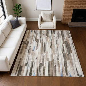 HomeRoots 10' Khaki and Ivory Striped Area Rug - Machine Washable, Indoor/Outdoor, Stain-Resistant, Durable Design 640609