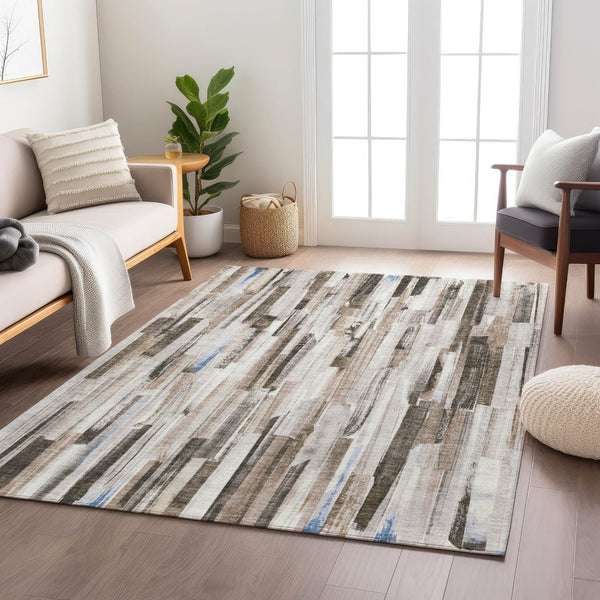 HomeRoots 10' Khaki and Ivory Striped Area Rug - Machine Washable, Indoor/Outdoor, Stain-Resistant, Durable Design 640609