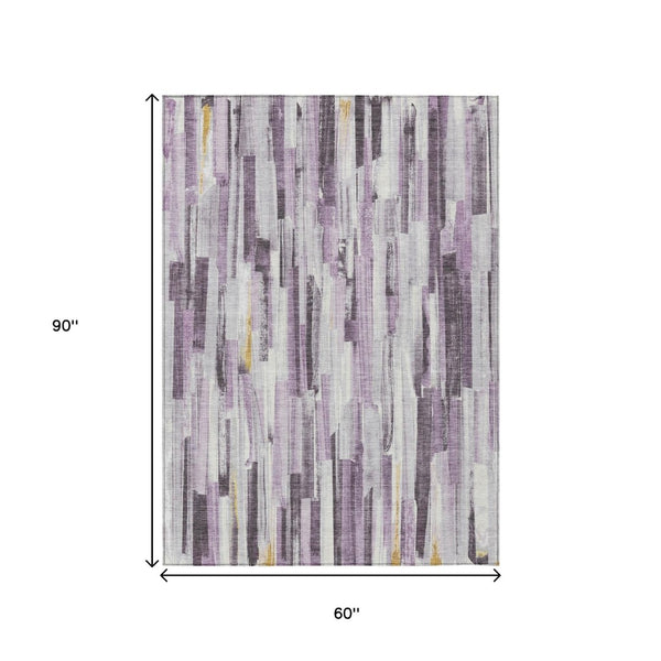 HomeRoots 5' Stylish Lavender & Ivory Striped Washable Area Rug for Indoor & Outdoor Use – Durable & Easy-Clean! 640611