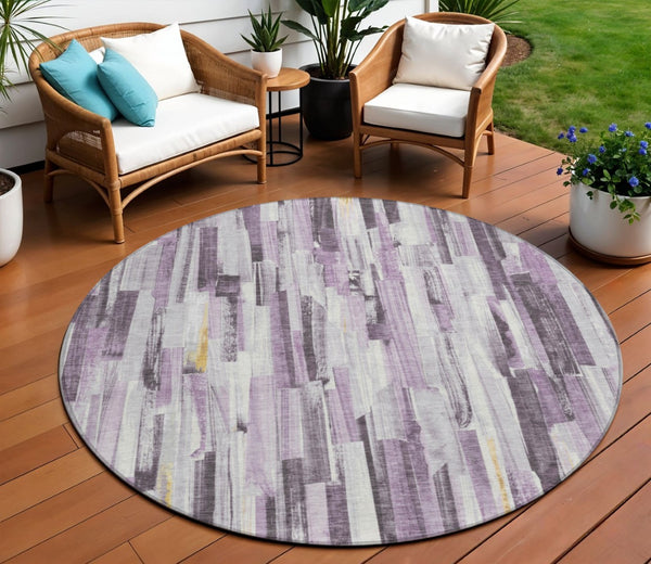HomeRoots 8' Round Lavender and Ivory Striped Washable Rug - Stylish, Durable, Perfect for Indoor/Outdoor Use 640612
