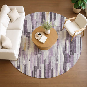 HomeRoots 8' Round Lavender and Ivory Striped Washable Rug - Stylish, Durable, Perfect for Indoor/Outdoor Use 640612