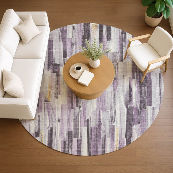 HomeRoots 8' Round Lavender and Ivory Striped Washable Rug - Stylish, Durable, Perfect for Indoor/Outdoor Use 640612